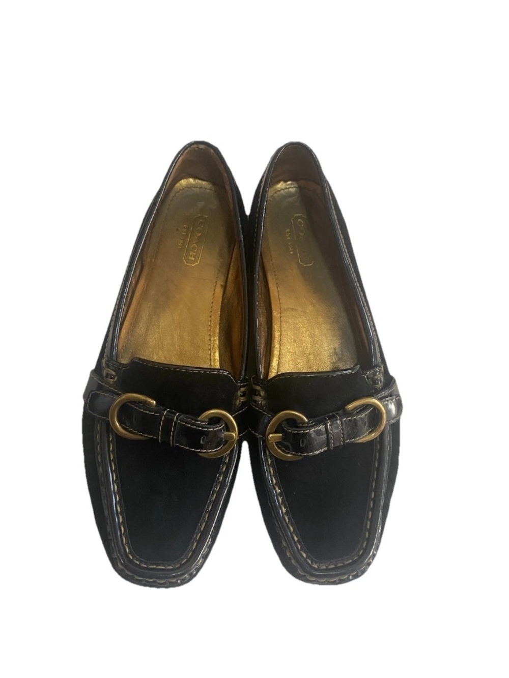 Coach Women Size 8.5 Sharin Black Leather Suede Buckle Patent Trim Loafers Shoe - Picture 2 of 14